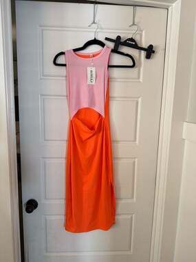 AUSELILY Women's Ribbed Knit Colorblock Cutout Midi Dress with Side Slit Pink/Or